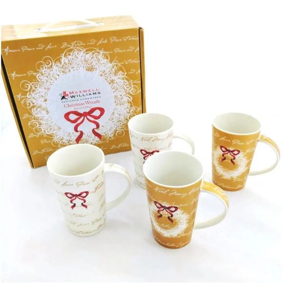 Maxwell Williams Christmas Wreath Mugs Box Set 4 Fine China Cups Coffee NEW - Picture 2 of 12